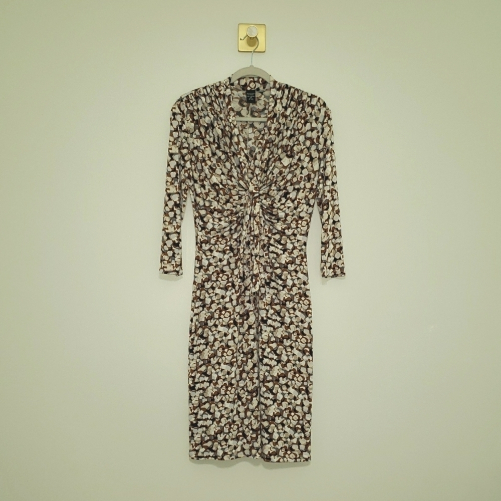 Y2k Retro Bodycon Midi Dress Medium Brown Tan Cowl Neck 3/4 Sleeve Office Career